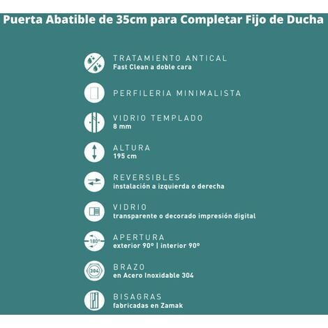 Extended Puerta de Ducha Abatible de 35cm para Completar Fijo de Ducha |  35cm x 195cm