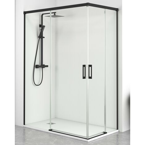 Mampara Ducha Rectangular Angular Corredera 2 Puertas 2 Fijos Cristal Templado 6mm Antical Transparente Perfil Negro Mate 120 cm (Adaptable 116-121cm) X 95cm (1/5)