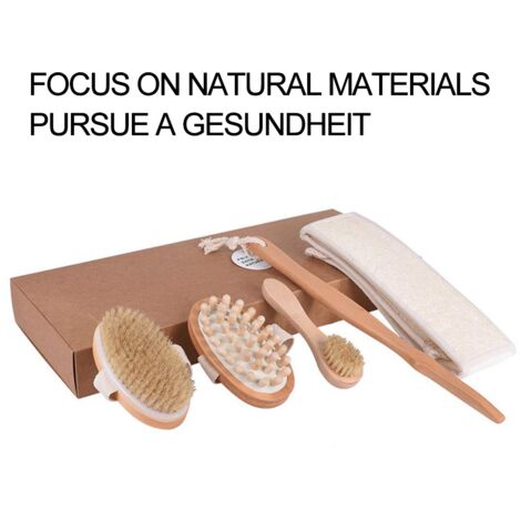 Bürsten-Set 5-Teilig mit Trockenbürste, Duschbürste, Massagebürste &  Gesichtsbürste mit abnehmbaren Holzgriff zur Hautpflege und