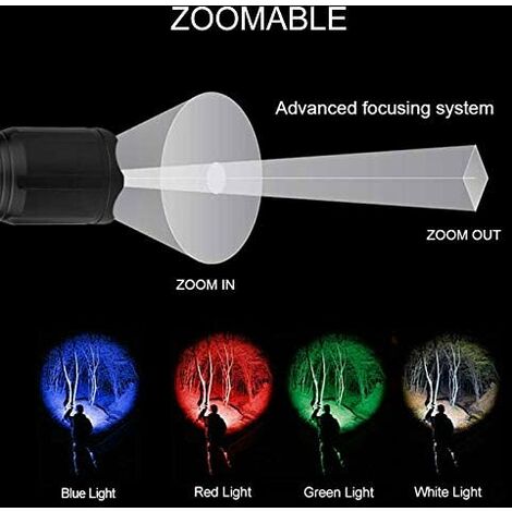 Taktische LED-Taschenlampe mit Rot, Grün, Blau, Weiß, 4 Farben in 1,  wasserdichte, multifunktionale, zoombare Taschenlampe