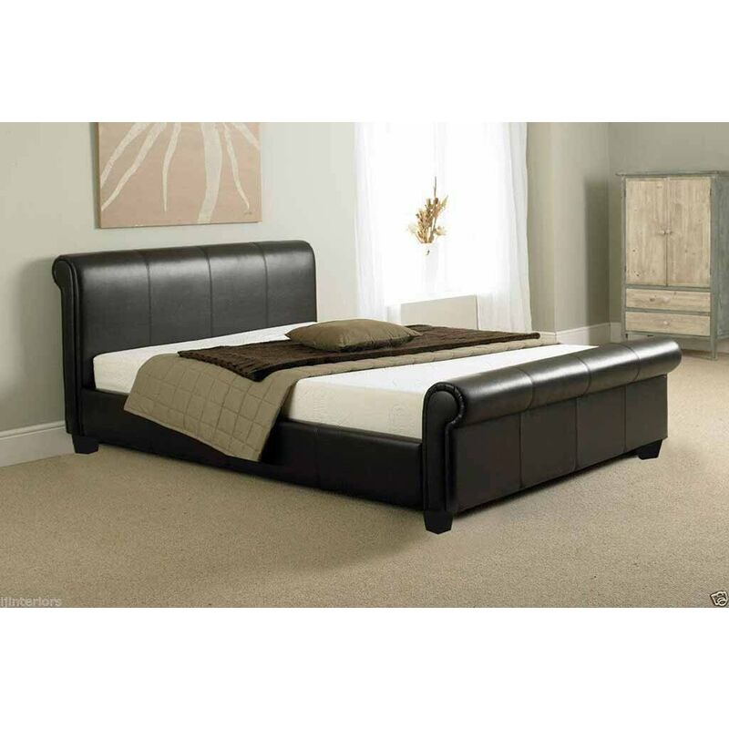 Comodo Modern Faux Leather Sleigh Bed  - Brown - 4ft6 No Mattress