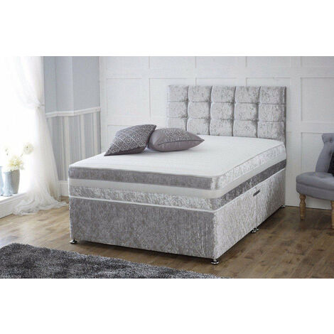 Divan Bed Crushed Silver Velvet Fabric Bed + Mattress - 13.5 Memory Spring Mattress - 2 Drawers Same Side-6ft (1/3)