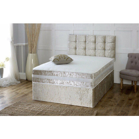 Divan Bed Crushed Silver Velvet Fabric Bed + Mattress - No Mattress - 2 Drawers Same Side-3ft