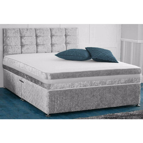 Divan Bed Crushed Silver Velvet Fabric Bed + Mattress - No Mattress - 2 Drawers Same Side-3ft