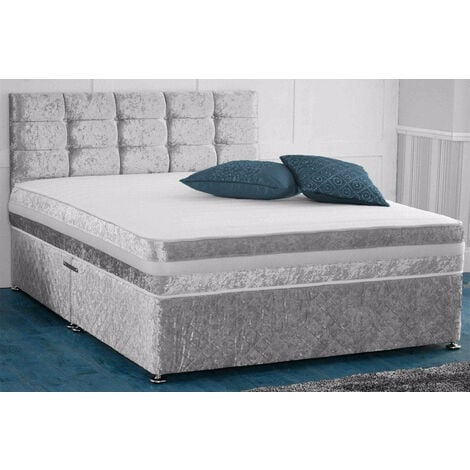Divan Bed Crushed Silver Velvet Fabric Bed + Mattress - No Mattress - No drawers-3ft