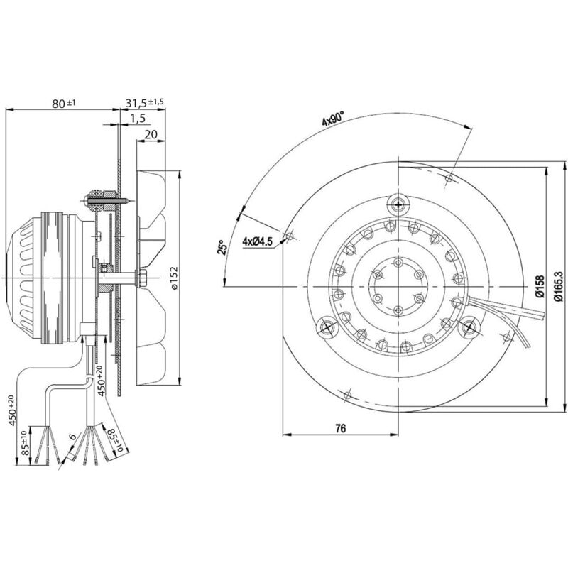 Estrattore Aspiratore Fumi per Stufe a Pellet, con Encoder EBM R2E150-AN91-13,  Ventola Ø 150mm, Potenza 32W, Giri fino a 2400 RPM, Portata Massima: di 185  m3/h