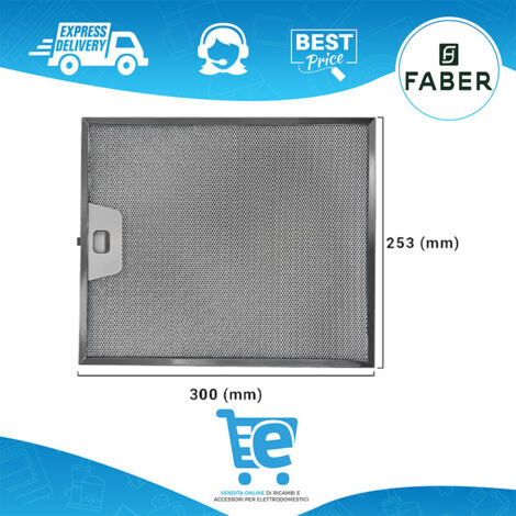 Filtro Metallico per Cappa Compatibile con Faber, Dimensioni 253x300 (mm), High Performance Filter, Pratica Maniglia di Sgancio a Innesti Rinforzati