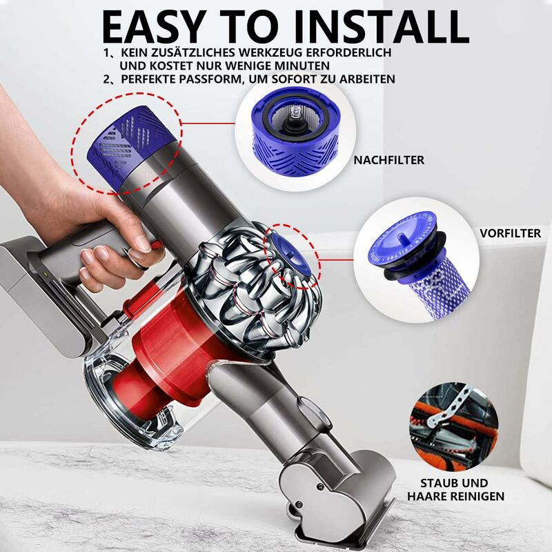 Filtres De Rechange Pour Aspirateur Dyson V6 - 2 Post-filtres + 2 Pré-filtres + Brosse - Compatible Animal, Absolute, Motorhead