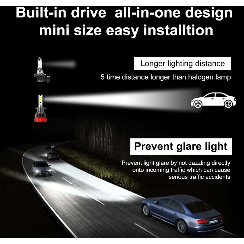 Phare de voiture LED ultra-mince, 2 pièces, puissance d'ampoule unique 55W,  12V, 6000 lumens