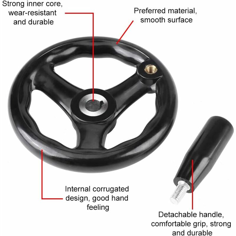 Roue à Main En Plastique Noir à 3 Bras - Diamètre 12 Cm, Alésage 100 Mm, Pour Tour Et Fraiseuse