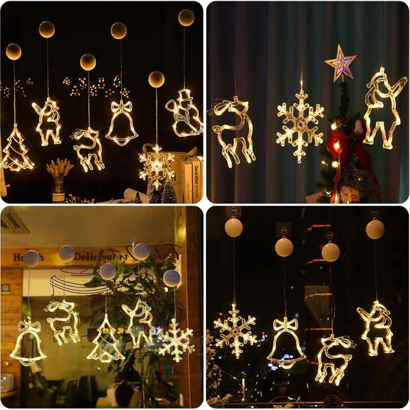 Déco Fenêtre Noël Lumineuse – 3 Pièces (Étoile, Cloche, Sapin) – Ventouse Puissante – LED Piles – 3 Modes Clignotants – Ambiance Fêtes