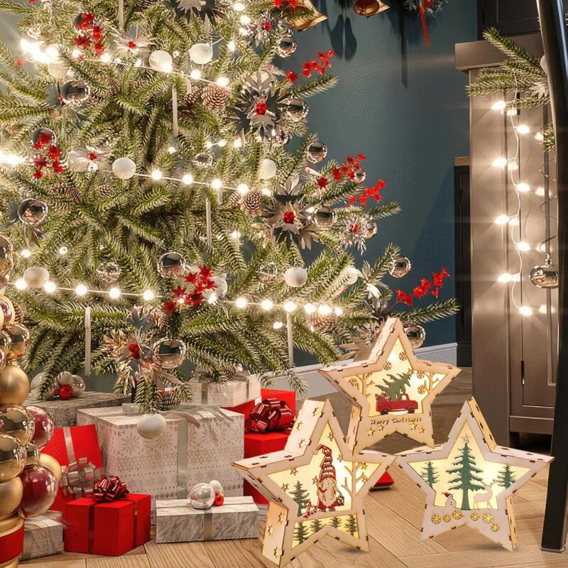 Lot De 3 étoiles En Bois Pour Décoration De Noël - Taille Grande, Moyenne, Petite, Déco Table Et Intérieur - 13