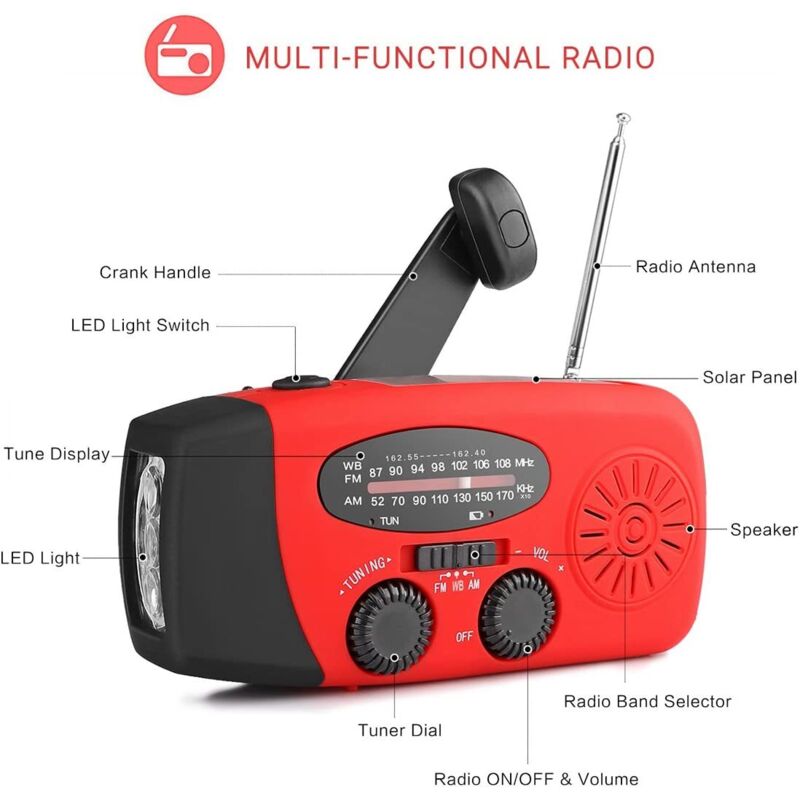 Radio D'urgence Solaire 12000mAh - AM/FM/NOAA - Manivelle - Lampe Torche - Charge USB