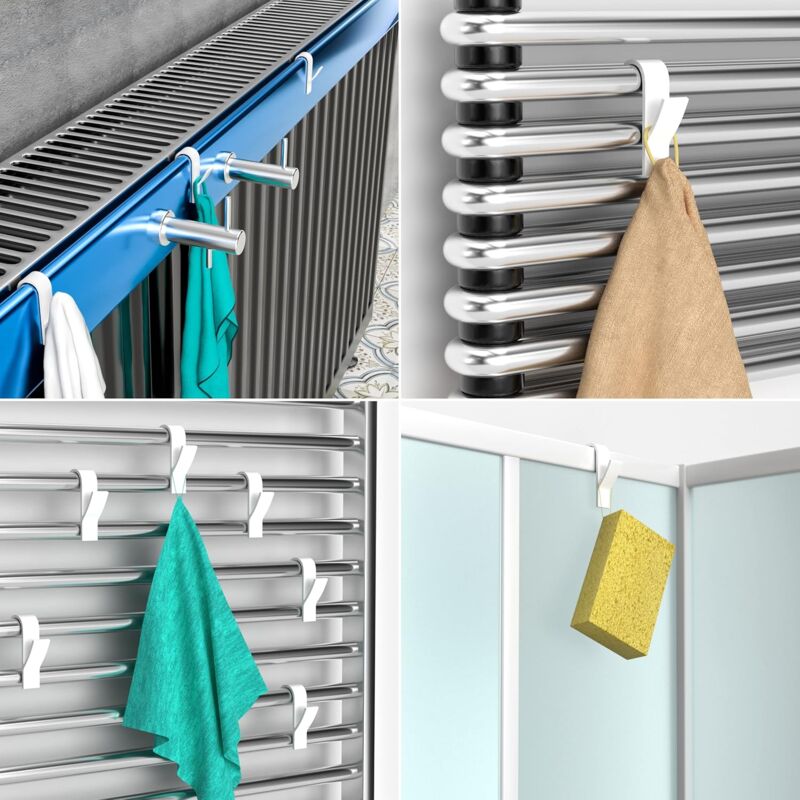 8 Crochets Radiateur Sèche-serviettes Blancs Sillar - Fixation Sans Perçage, Support Jusqu'à 2 Kg - Pour Salle De Bain, Cuisine, Rangement