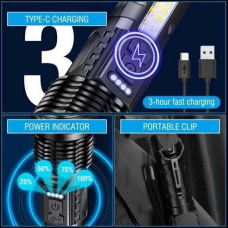 Lampe Torche LED Rechargeable Ultra-puissante 6000 Lumens | Étanche IPX4 | 3 Modes | Batterie 6000mAh | Pour Camping, Randonnée, Urgence - 12