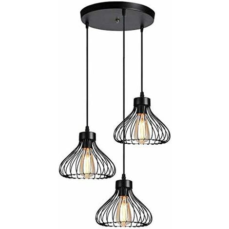 3 Lampes Lustre Suspension Luminaire Industrielle Plafonnier Abat-jour en Métal en Forme de Cage Vintage Lampe de Plafon pour Cuisine Salle à Manger Salon Chambre Couloir Restaurant - 23cm, Noir avec 