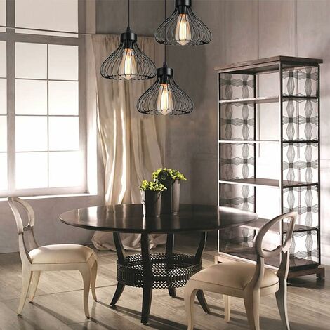 3 Lampes Lustre Suspension Luminaire Industrielle Plafonnier Abat-jour en Métal en Forme de Cage Vintage Lampe de Plafon pour Cuisine Salle à Manger Salon Chambre Couloir Restaurant - 23cm, Noir avec 