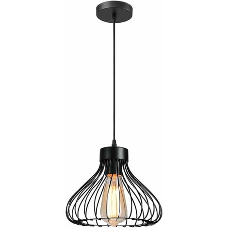 Suspension Luminaire Industrielle Lustre Plafonnier Abat-jour en Métal en Forme de Cage Vintage Lampe pour Cuisine Salle à Manger Salon Chambre Bar Couloir Restaurant, 23cm, Noir avec douilles E27 ( A