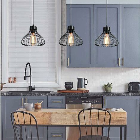 Suspension Luminaire Industrielle Lustre Plafonnier Abat-jour en Métal en Forme de Cage Vintage Lampe pour Cuisine Salle à Manger Salon Chambre Bar Couloir Restaurant, 23cm, Noir avec douilles E27 ( A