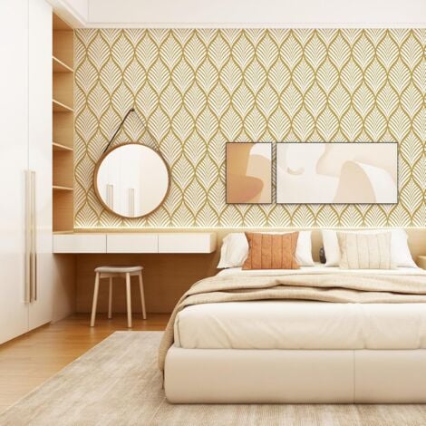 Papier Peint à Motif Géométrique Jaune et Blanc Minimaliste Moderne Film Vinyle Auto-Adhésif Imperméable pour Salle de Bain Salon Chambre à Coucher de Cuisine 44,5x600cm
