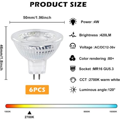 Ampoules LED GU5.3 MR16 12V, 5W Equivalent à 40W Lampe Halogène, Blanc Chaud 2700K, 350LM, Ampoules LED Spot 12V, Lampe Réflecteur Faisceau Large 120° Non Dimmable, Paquet de 6 [Classe énergétique E]