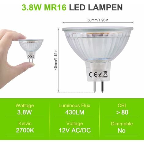 Ampoules LED Spot MR16 Culot GU5.3 Blanc Chaud 2700K, 3,8W Équivalent à Halogène 40W, LED Spot GU5.3 12V Non Dimmable 430 Lumen Lampe LED MR16, Lot de 6 [Classe énergétique E]