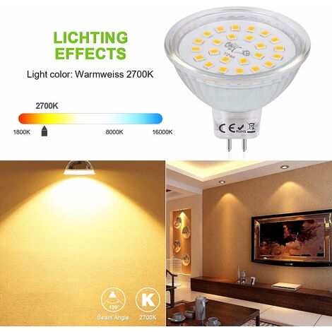 Ampoules LED Spot MR16 Culot GU5.3 Blanc Chaud 2700K, 3,8W Équivalent à Halogène 40W, LED Spot GU5.3 12V Non Dimmable 430 Lumen Lampe LED MR16, Lot de 6 [Classe énergétique E]