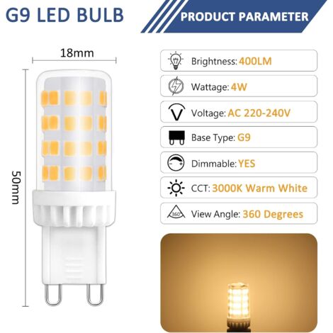 Ampoules LED G9 Dimmable, 4W équivalent à 40W halogène, 480 LM, Blanc Chaud 3000K, Culot G9 Standard, Angle de rotation à 360 °, pour Ceiling Lighting, Kitchen, Paquet de 6