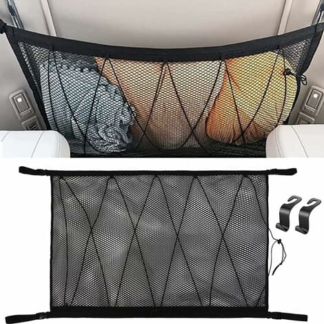 Filet Rangement Voiture 90cmx65cm, Multifonctionnel Organisateur avec Fermeture Éclair avec 2 Crochet de Siège Auto, Filet de Rangement Camping Car, Organiseur Voiture pour SUV, Jeep, Van