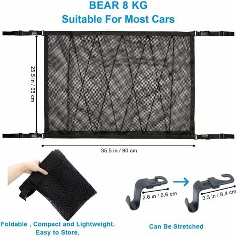 Filet Rangement Voiture 90cmx65cm, Multifonctionnel Organisateur avec Fermeture Éclair avec 2 Crochet de Siège Auto, Filet de Rangement Camping Car, Organiseur Voiture pour SUV, Jeep, Van