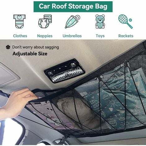 Filet Rangement Voiture 90cmx65cm, Multifonctionnel Organisateur avec Fermeture Éclair avec 2 Crochet de Siège Auto, Filet de Rangement Camping Car, Organiseur Voiture pour SUV, Jeep, Van