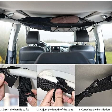 Filet Rangement Voiture 90cmx65cm, Multifonctionnel Organisateur avec Fermeture Éclair avec 2 Crochet de Siège Auto, Filet de Rangement Camping Car, Organiseur Voiture pour SUV, Jeep, Van