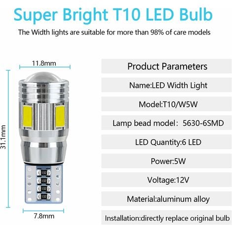 Ampoule LED T10 (W5W) / position, Plaque, Intérieur