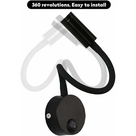 2 Appliques Murales CASEWIND Noir - Lampes LED 3W Flexible Pour Lecture, Bureau Ou Chevet