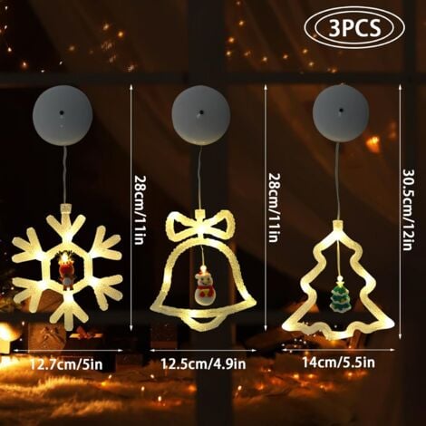 3Pcs Lumières décoratives de Noël, LED Lumièresde Noël Décoration Fenêtre Lumineux LED de Noël à Suspendre avec Ventouse Intérieu Rideau Guirlande Lumineux pour Décoration de Noël, Nouvelle année
