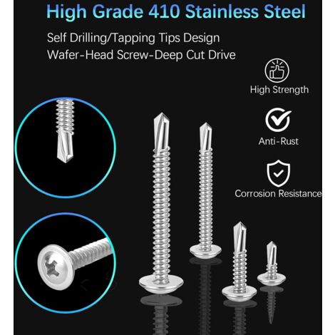 Vis autotaraudeuses, 210 Pièces vis auto-foreuses à tête vis à tête cylindrique, Vis en Acier Inoxydable Kit de Vis Autotaraudeuses Autoperceuses M4.2  50mm / 38mm / 30mm / 25mm / 19mm / 13mm