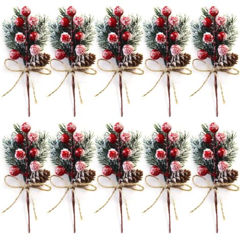 Lot de 10 tiges de Baies de Noël Rouges de 15 cm - Petits Pics et Sprays de Noël artificiels avec Pommes de pin, Houx, Baies de Noël, décorations de Fleurs pour couronnes de Noël