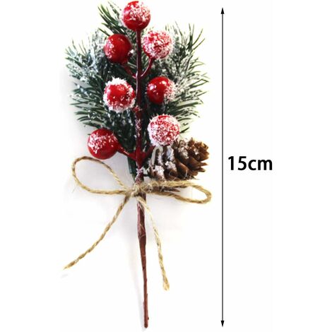 Lot de 10 tiges de Baies de Noël Rouges de 15 cm - Petits Pics et Sprays de Noël artificiels avec Pommes de pin, Houx, Baies de Noël, décorations de Fleurs pour couronnes de Noël