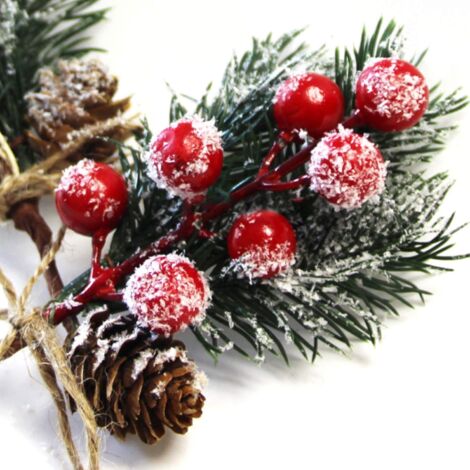 Lot de 10 tiges de Baies de Noël Rouges de 15 cm - Petits Pics et Sprays de Noël artificiels avec Pommes de pin, Houx, Baies de Noël, décorations de Fleurs pour couronnes de Noël