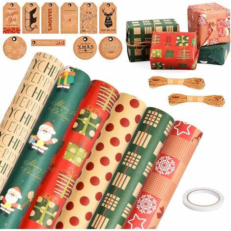 Lot de 6 feuilles de papier cadeau de No毛l, 50 x 70 cm, papier d'emballage  cadeau kraft recycl茅, papier cadeau de No毛l, papier d'emballage cadeau pour  cordes et pendentifs en jute de