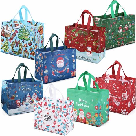8PCS Sacs-cadeaux de Noël, Sacs à provisions réutilisables, Sacs de Noël multifonctionnels non tissés pour emballer des cadeaux, Fournitures de fête de Noël, 32,5 × 25 × 17cm (1/4)