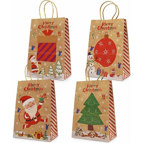 Sacs cadeaux de Noël en kraft 24 sacs de styles assortis Sacs en papier de Noël avec poignées Sacs de cadeaux de Noël avec des impressions de Noël pour emballer des cadeaux Fournitures de fête de Noël (1/5)