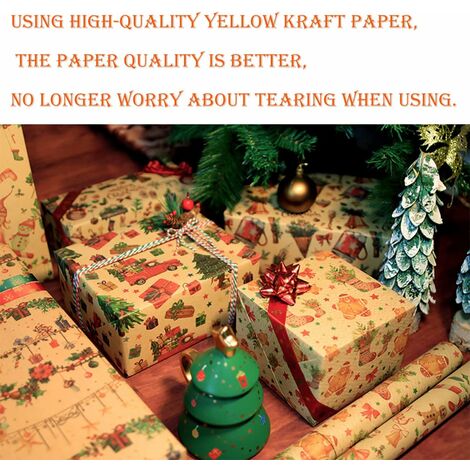 Lot De 10 Feuilles De Papier Cadeau Kraft Recyclé - Motifs Vintage Noël (sapin, Renne, Flocons) - 50x70 Cm, 100g/m² - 4