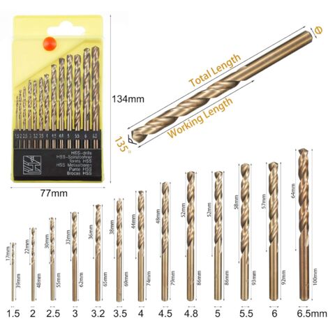 Lot de 13 forets hélicoïdaux en acier rapide M35 HSS or cobalt pour perceuses métriques à haute vitesse 1,5 mm - 6,5 mm pour perçage des Acier inoxydable et métal