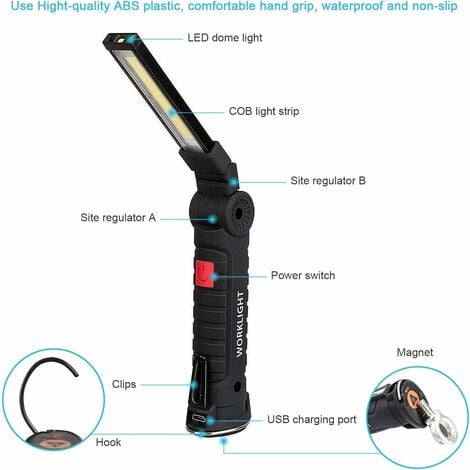 2 X Lampe De Travail Cob Baladeuse Led Rechargeable Lampe Atelier Cob Torche Lampe De Poche Lampe De Travail Baladeuse Led Avec Base Magnétique Lampe D'Inspection Pour Randonnée, Camping