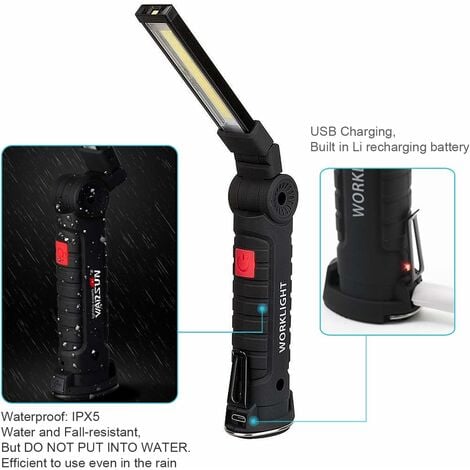2 X Lampe De Travail Cob Baladeuse Led Rechargeable Lampe Atelier Cob Torche Lampe De Poche Lampe De Travail Baladeuse Led Avec Base Magnétique Lampe D'Inspection Pour Randonnée, Camping