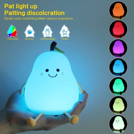 Forme Poire Créative Veilleuse Enfant avec Fonction Minuterie, 7 Couleurs Lumière LED Veilleuse Enfant, Rechargeable Avec de USB, Lampe de Chevet Veilleuse pour Les cadeaux de Vacances et Les Chambres