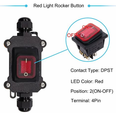 IP67 Interrupteur de câble étanche interrupteur de ligne ON/OFF Interrupteur à Bascule 220V AC étanche DPST 4 Bornes avec LED rouge Ligne double entrée et sortie H-K062-KCD4-201N-R-W-220V-LS