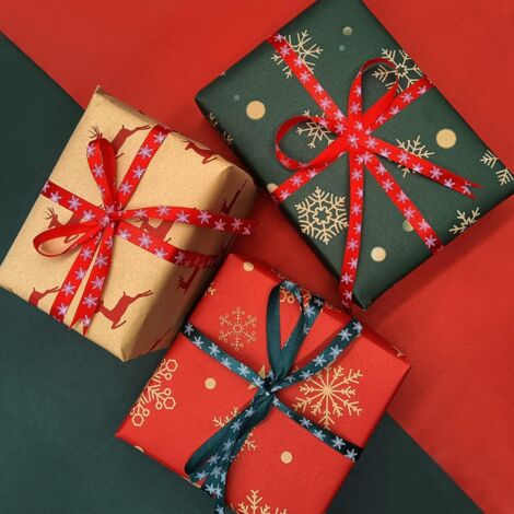 Ruban Cadeau Noël Rouge Et Vert - 2 Rouleaux De 25 Yards, Satin, Motif Flocon De Neige, Pour Emballage Et Déco