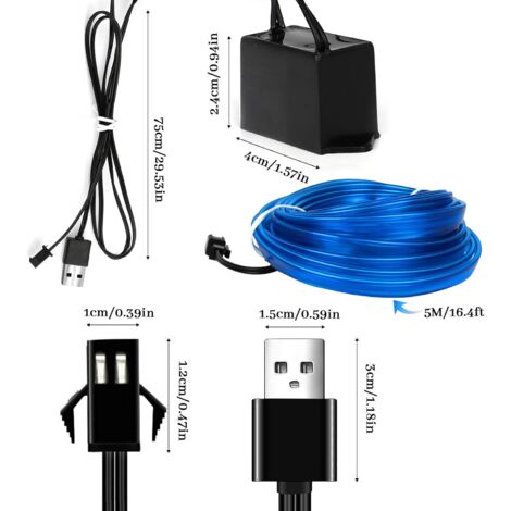 Bande LED 5m Éclairage Intérieur Voiture - Fil Lumineux Électroluminescent 5V USB Flexible Décoration Auto